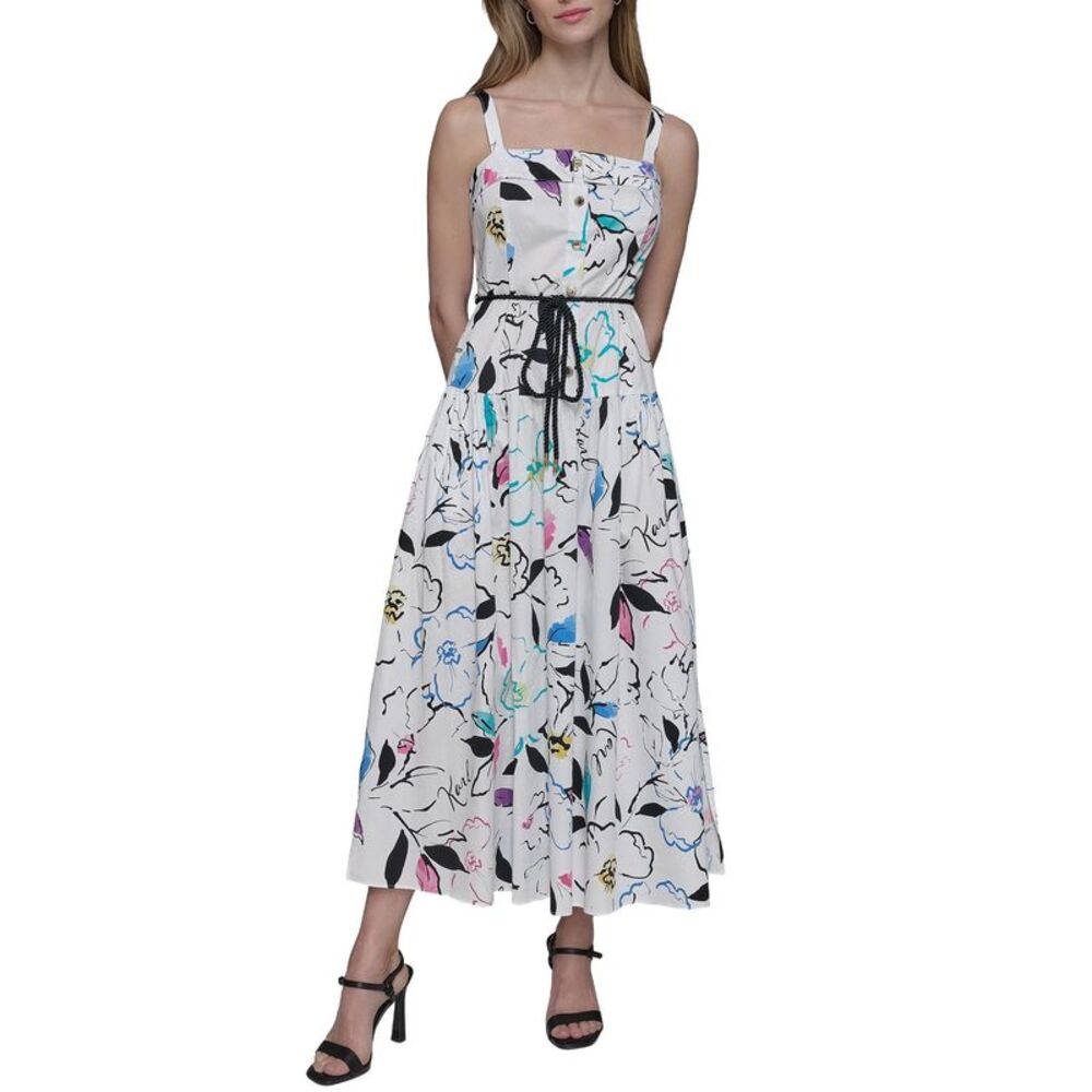 Karl Lagerfeld Paris Womens Printed Square-Neck Midi Dress 14 Soft White/Multi